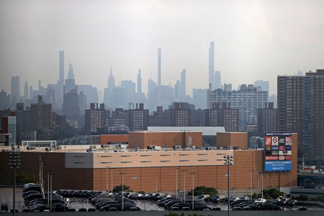 Manhattan is seen from Yankee Stadium through a haze of wildfire smoke from the West Coast, July 21st, 2021.